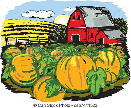 Vectors Of Pumpkin Farm   Scene With A Pumpkin Patch And Barn In The