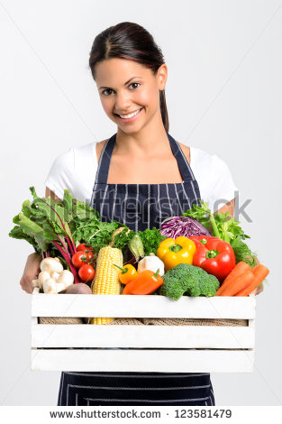 Portrait Of Happy Indian Woman Chef Holding A Crate Full Of Fresh