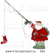 Santa Holding A Red Christmas Stocking On A Fishing Pole Hook By