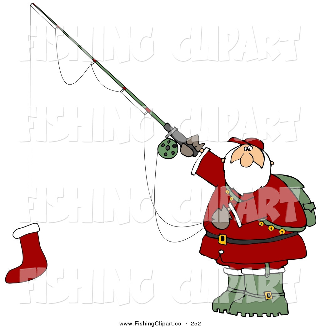 Santa Holding A Red Christmas Stocking On A Fishing Pole Hook Santa