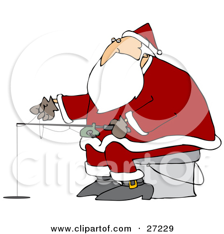 Santa Sitting On A Pail And Ice Fishing On A Frozen Lake By Dennis Cox