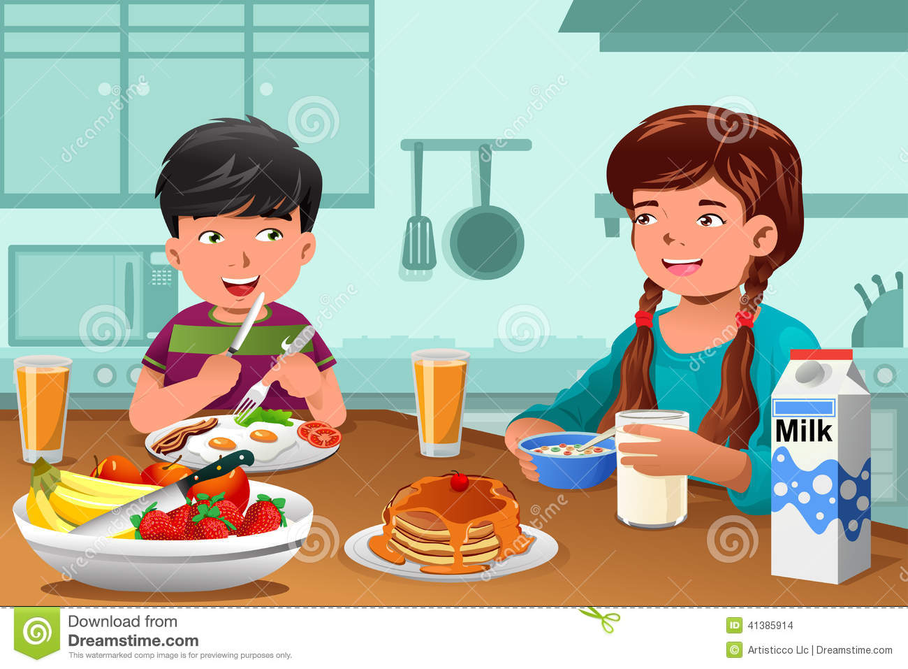Vector Illustration Of Happy Kids Eating Healthy Breakfast At Home