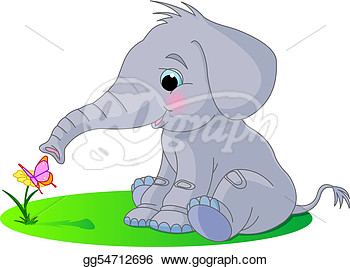 Eps Illustration   Cute Baby Elephant Looks At The Butterfly Sitting