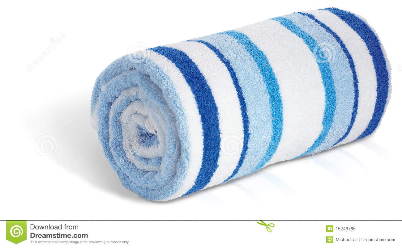 Rolled Up Blue And White Beach Towel On A White Ba Royalty Free Stock