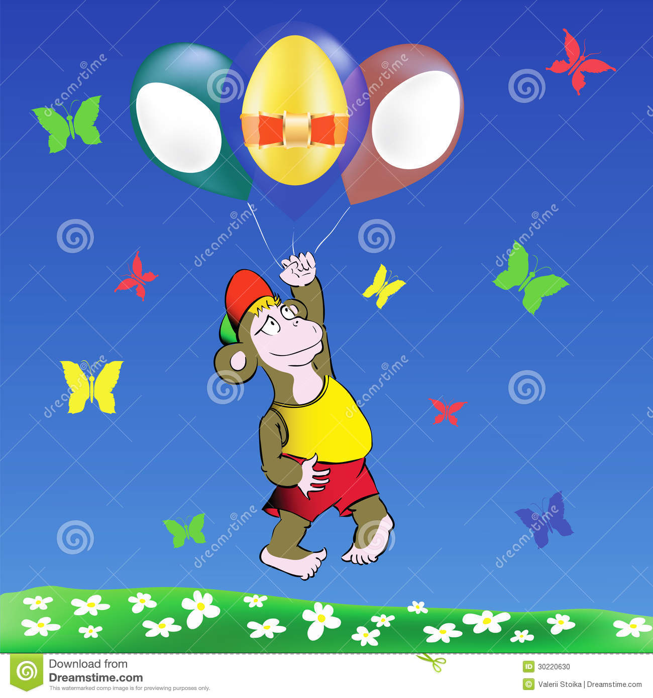 Colorful Illustration With Monkey And Easter Eggs Balloons For Your