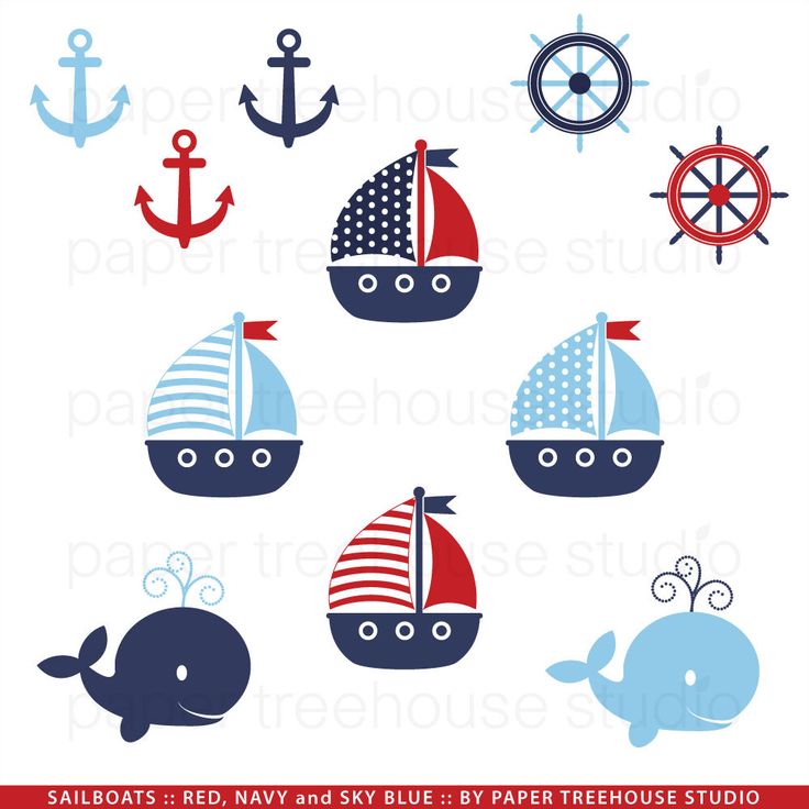 Anchors And Whales   Printable Clip Art Set   Red Navy And Sky Blue