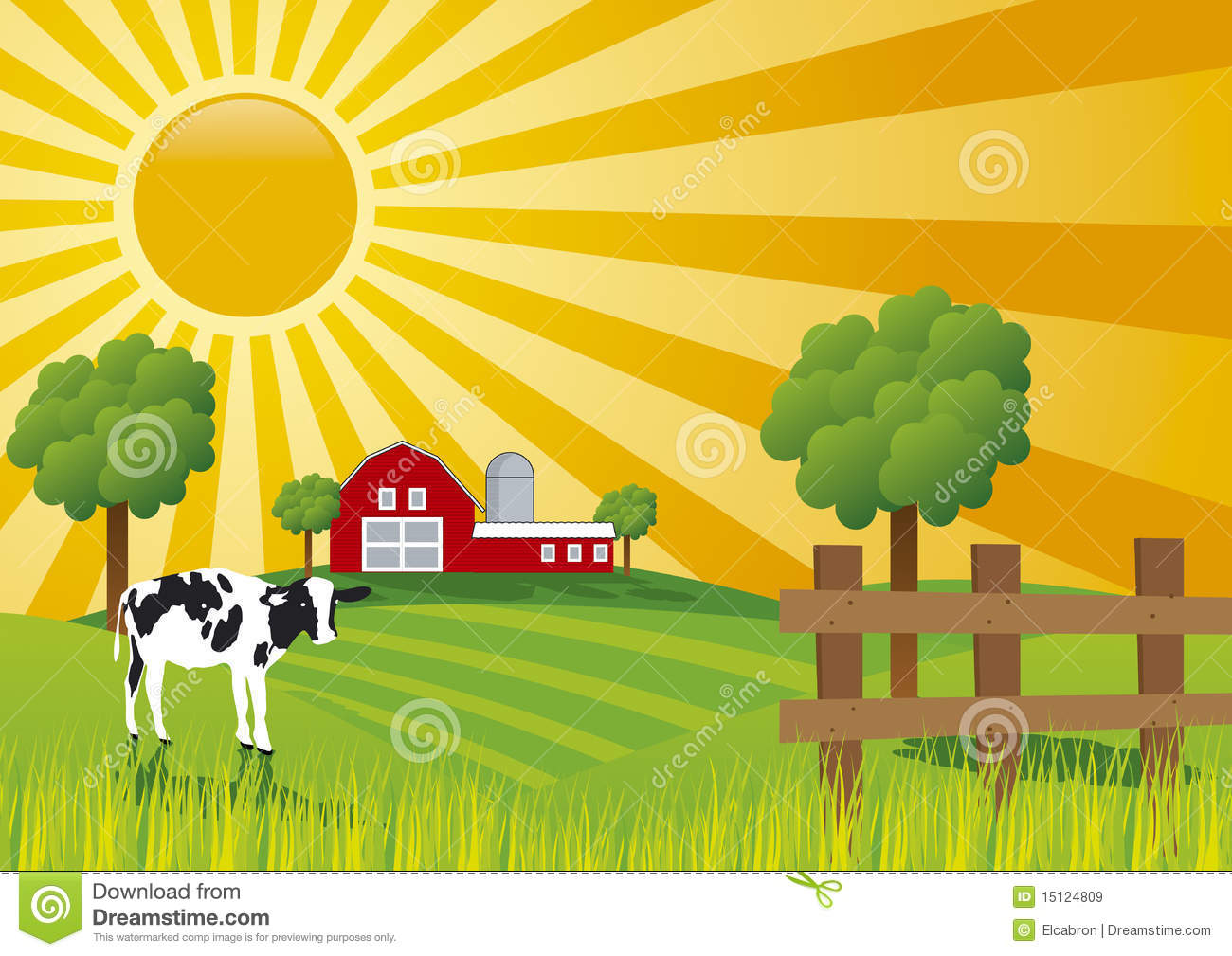 Colorful Illustration Of A Sunrise At Farm