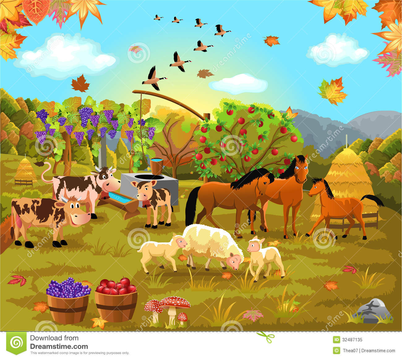 Vector Illustration Of Autumn Scene With Animals And Crop In The Field