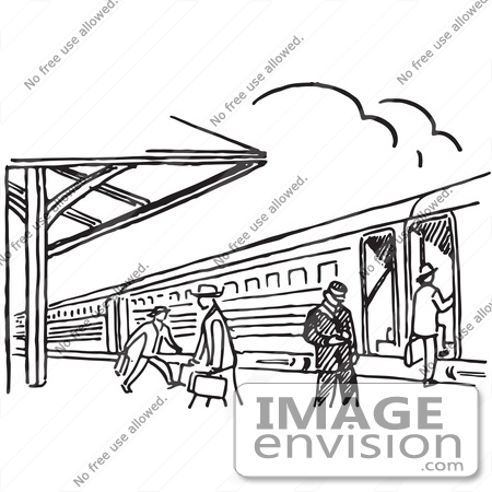 Clipart Of A Train Station In Black And White   Royalty Free Vector