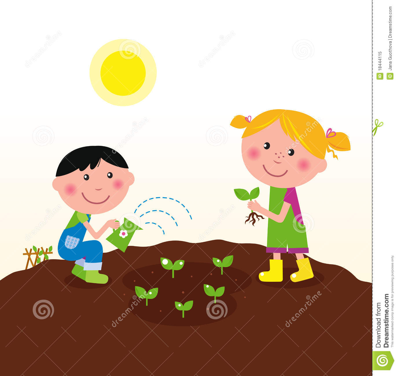 Two Happy Kids Watering And Planting Plants Royalty Free Stock Photo