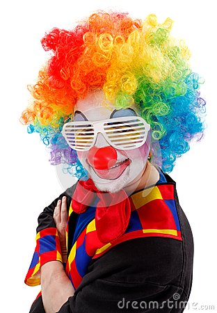 Clown Wearing Colorful Wig And White Funny Shutter Shades Sunglasses