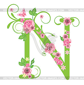 Decorative Letter N With Roses   Vector Clip Art