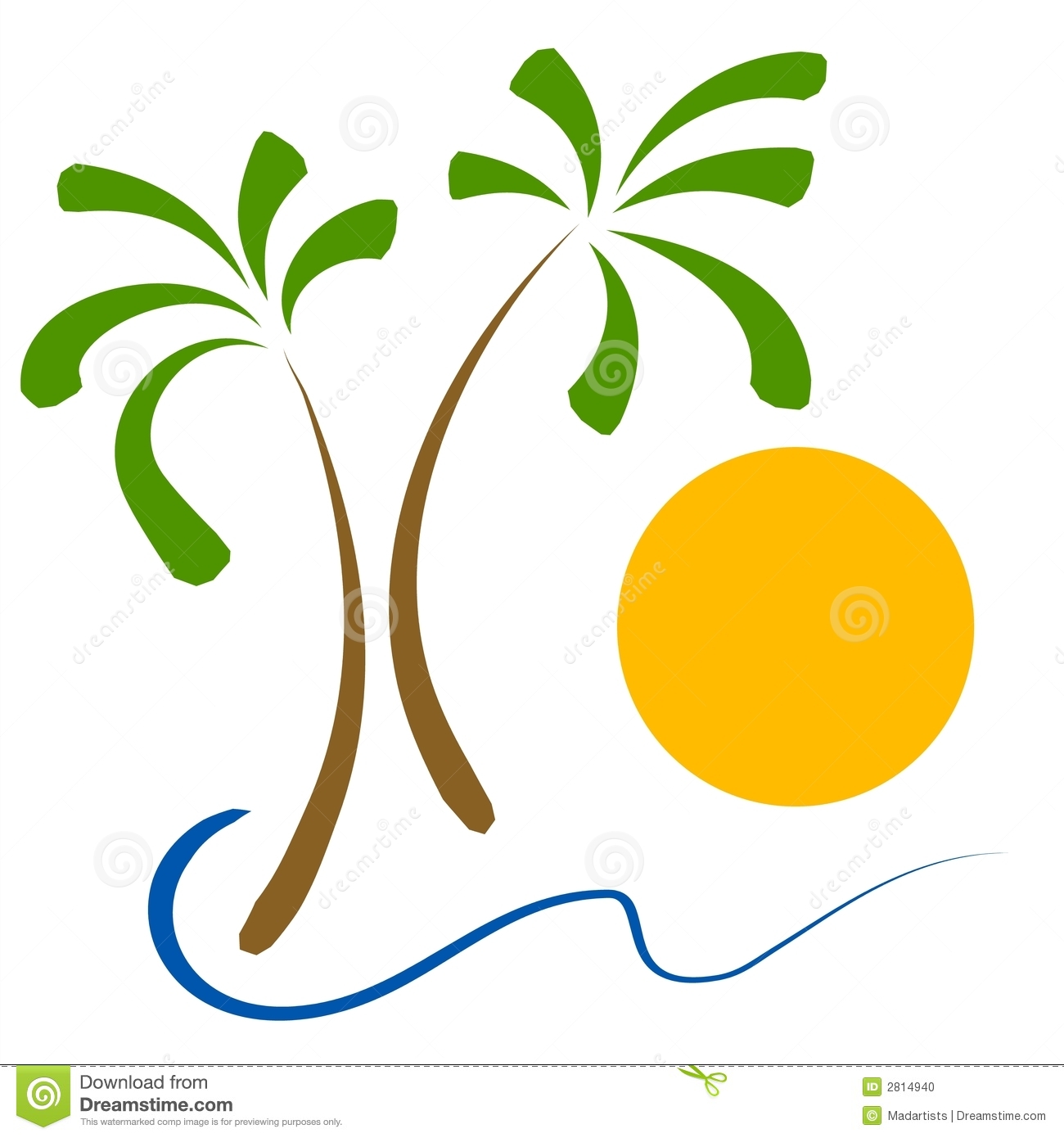Simple Clip Art Illustration Of 2 Palm Trees Ocean Waves And A Sun