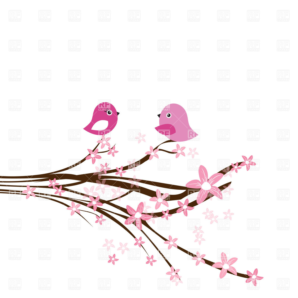 Cherry Blossom Branch With Two Cute Pink Birds Download Royalty Free