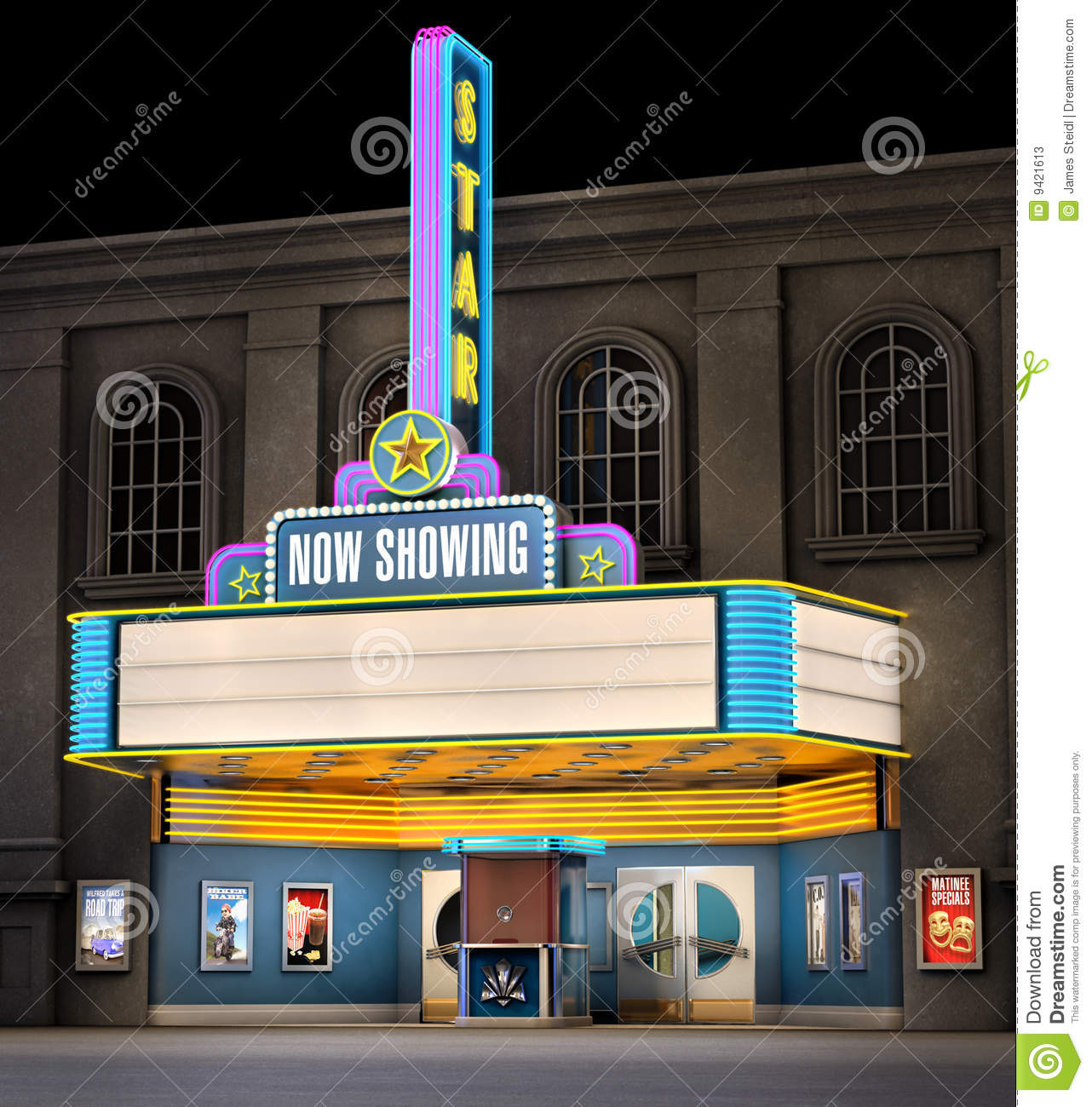 Exterior Night Shot Of A Retro Illuminated Neon Movie Theater