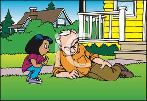 Little Girl Helping An Old Man Who Fell Down   Royalty Free Clipart