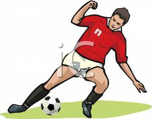 Man In A Red Uniform Kicking A Soccer Ball Clipart Image 