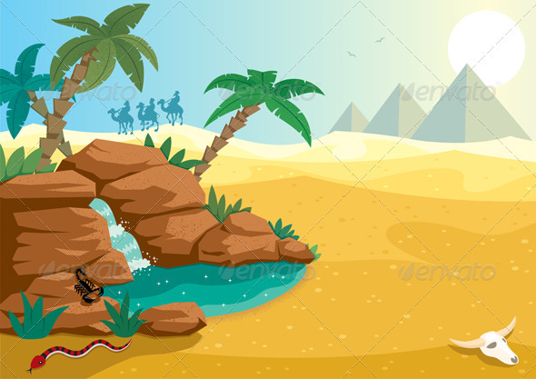 Cartoon Illustration Of Small Oasis In The Sahara Desert  A4