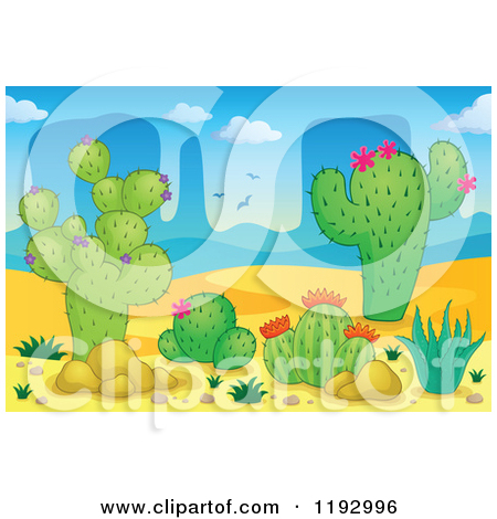 Cartoon Of A Desert Landscape With Cacuts And Aloe Plants   Royalty    