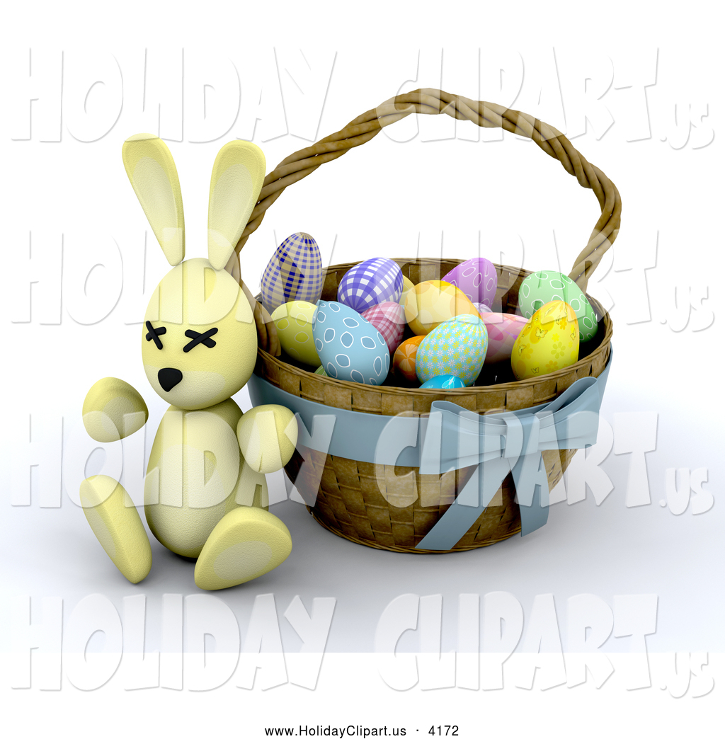 Holiday Clip Art Of A Yellow 3d Easter Bunny Against A Basket Full Of