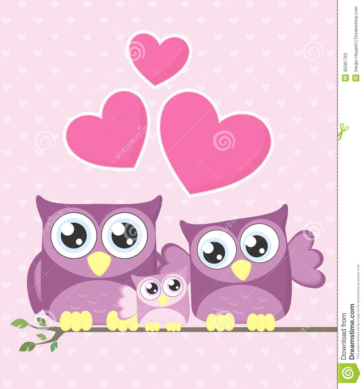 Cute Owls Couple With Baby Owl Sitting On A Branch
