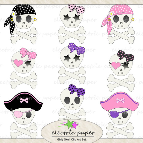 Cute Girly Skull Clip Art Set   9 Girly Pirate Skulls Instant Download