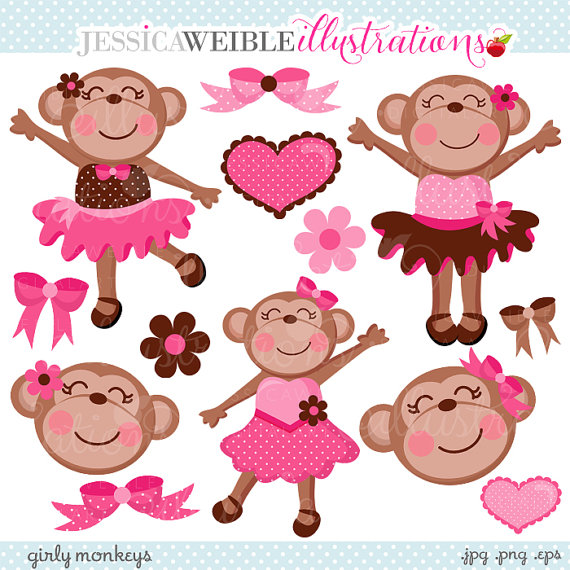 Girly Monkeys Cute Digital Clipart   Commercial Use Ok   Pink Monkey