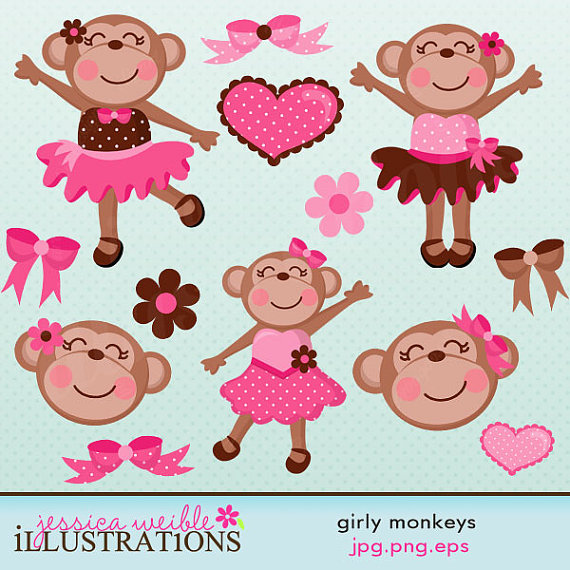 Girly Monkeys Cute Digital Clipart For Card Design Scrapbooking And