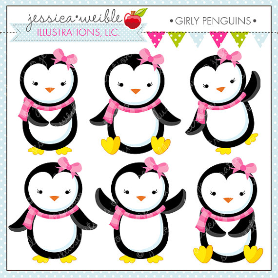 Girly Penguins Cute Digital Clipart   Commercial Use Ok  Penguin