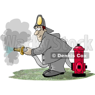 Fireman Spraying Water From A Hose Attached To A Fire Hydrant Clipart