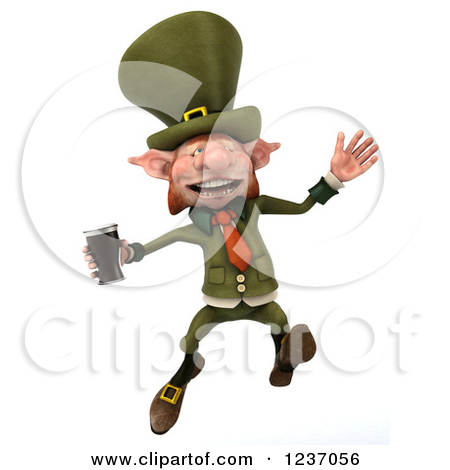 Clipart Of A 3d Skinny Leprechaun Jumping With A Beer   Royalty Free