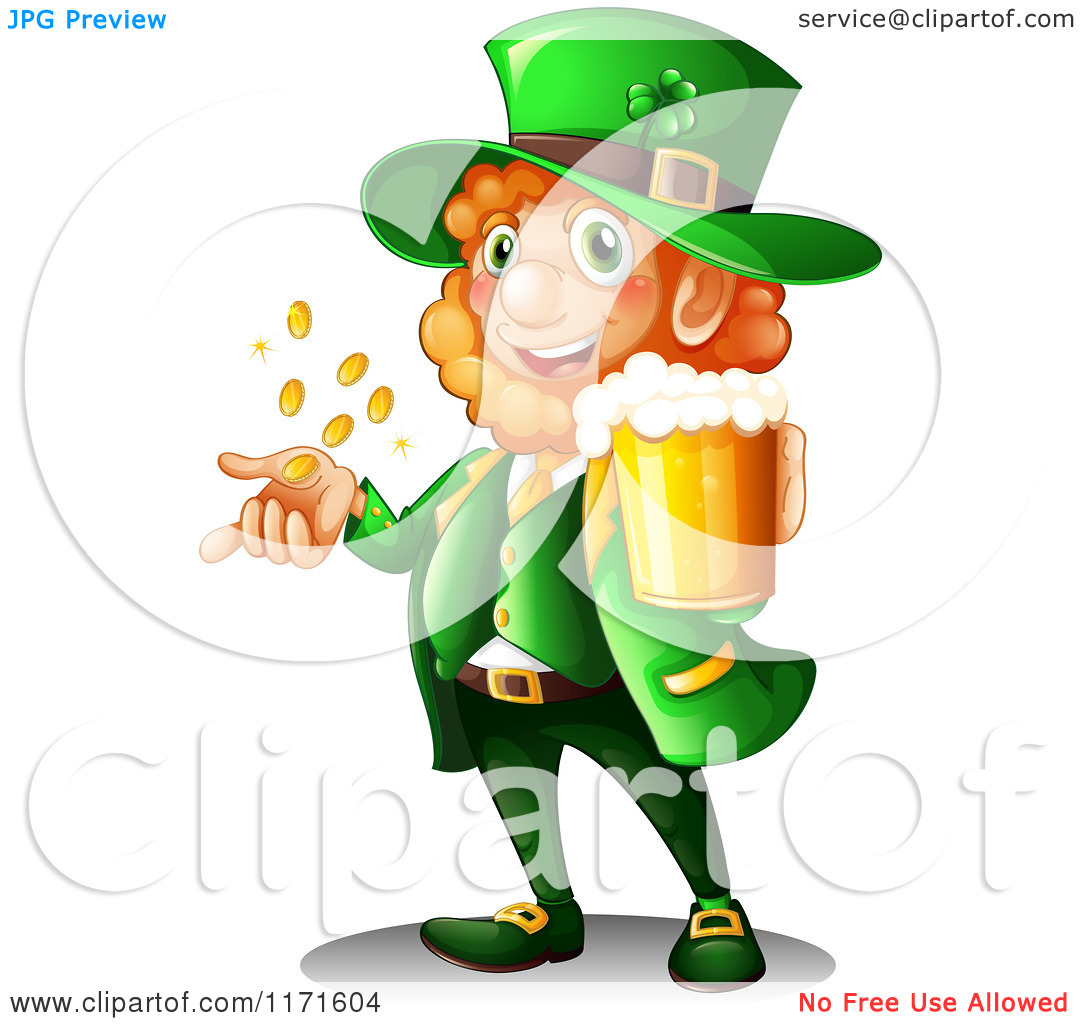 Day Leprechaun Holding Beer And Coins   Royalty Free Vector Clipart