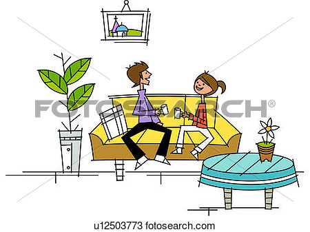 Drawing   Couple Sitting On A Couch And Holding Tea Cups  Fotosearch