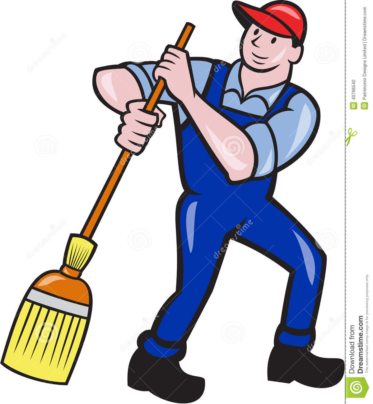 Illustration Of A Janitor Cleaner Worker Sweeping With Broom Viewed