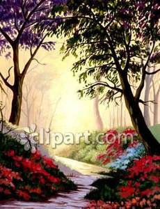 Flowered Path Through The Woods Royalty Free Clipart Picture