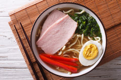Ramen Noodles In Broth With Pork In A Bowl Close Up  Horizontal