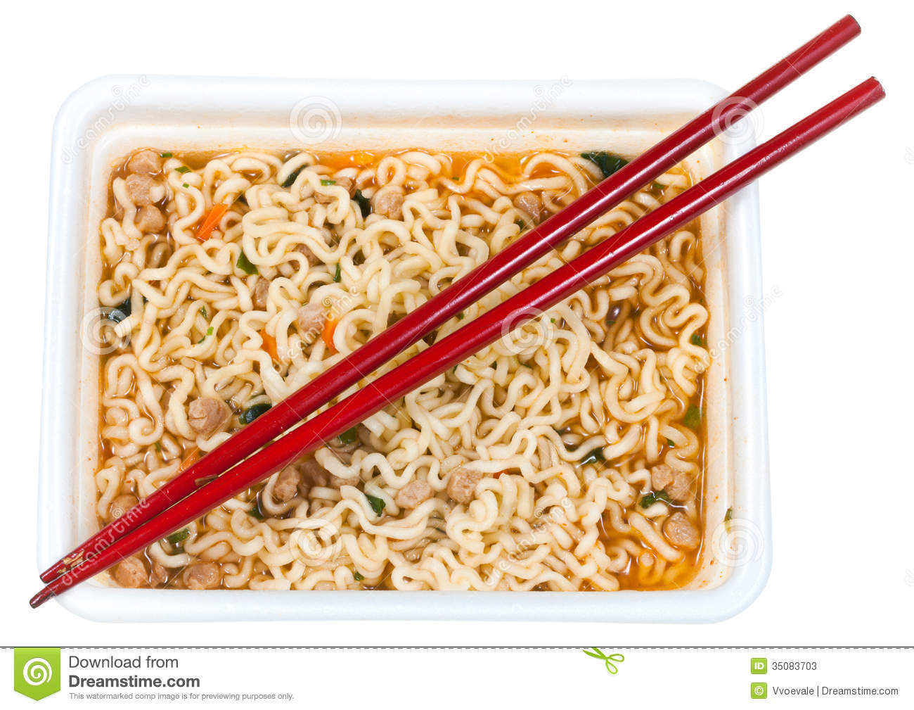 Top View Of Cooked Instant Noodles And Red Chopsticks In Foam Cap