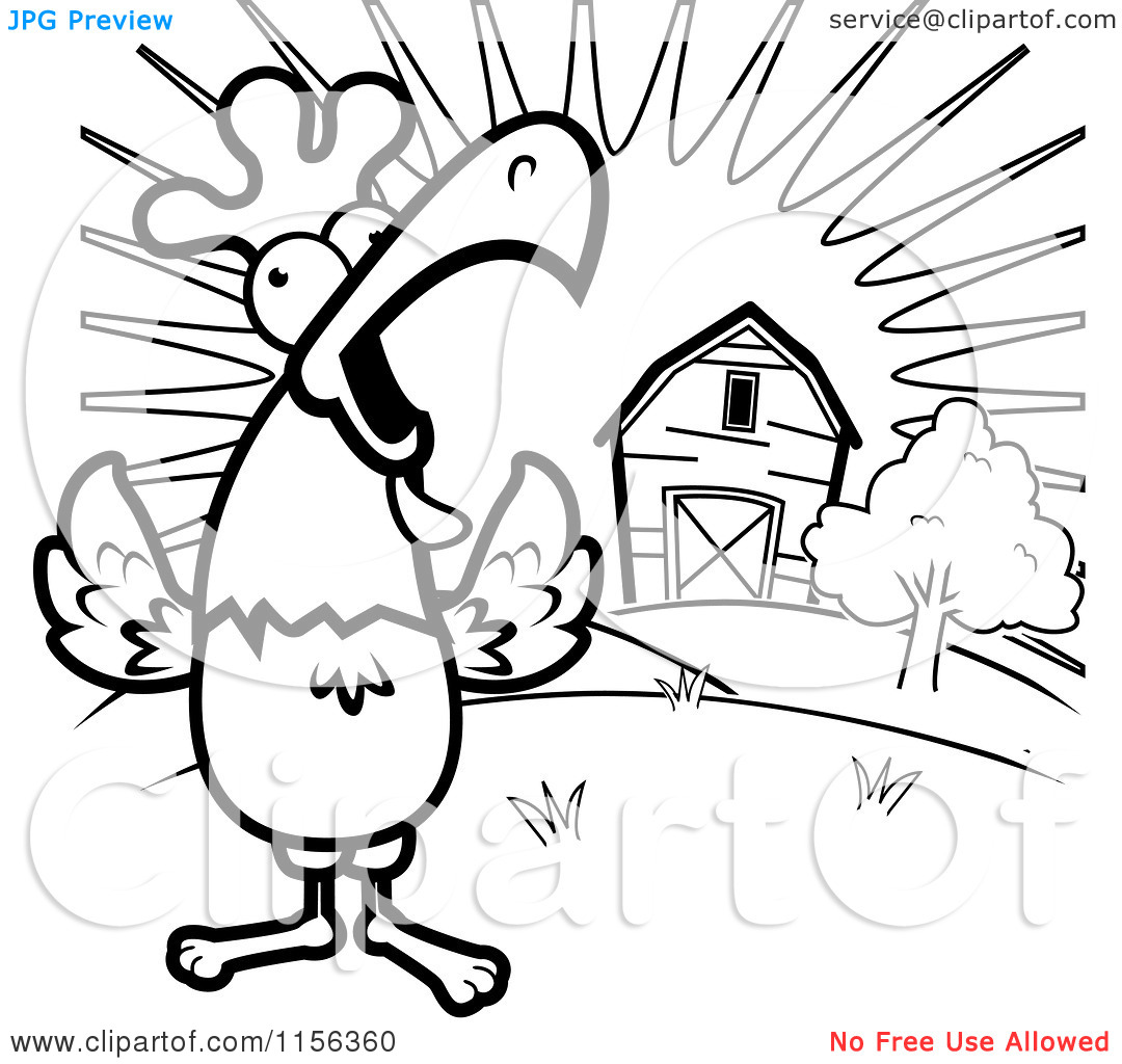 Cartoon Clipart Of A Black And White Happy Rooster Crowing Loudly By A
