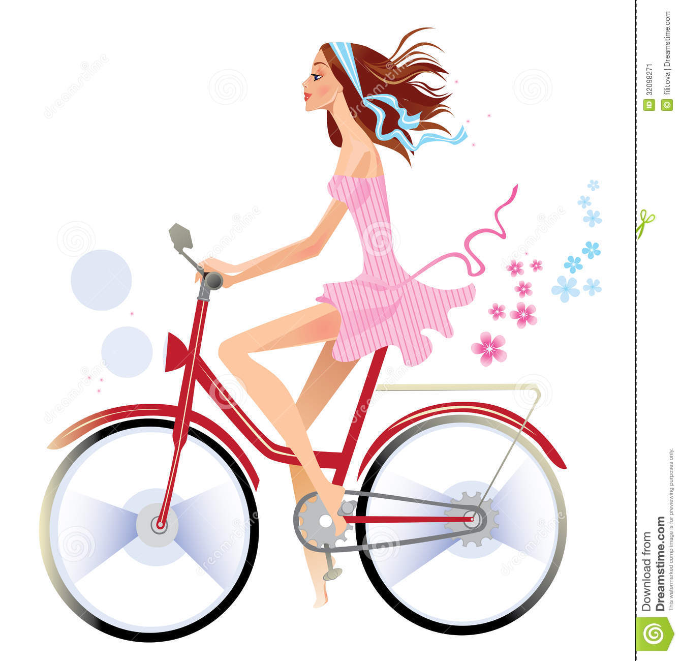 Vector Illustration Of Beaty Girl With Long Hair On Bicycle