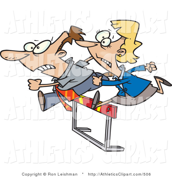 Clip Art Of A Man And Woman Jumping A Hurdle Obstacle During A Side By