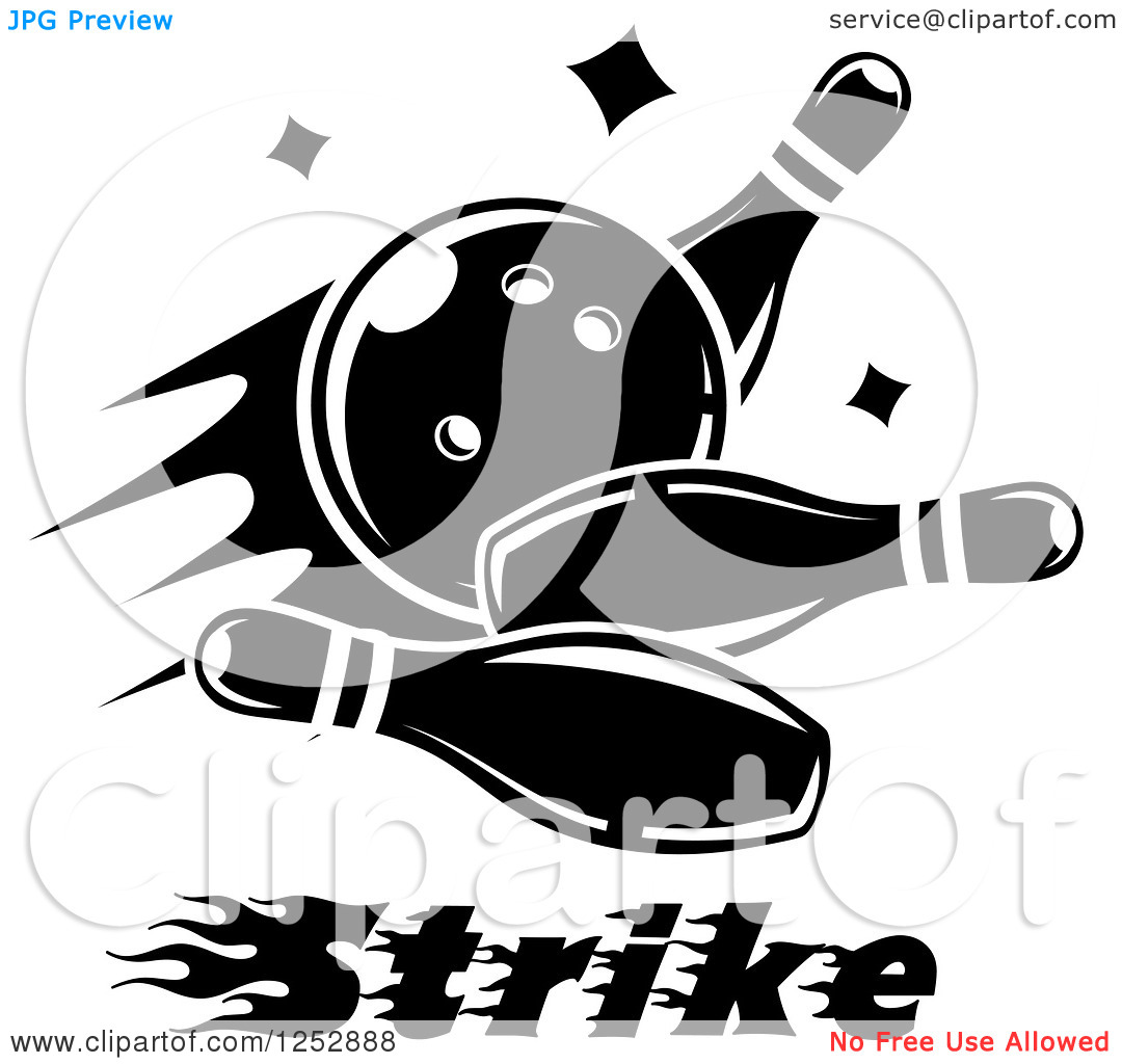 Clipart Of A Black And White Bowling Ball Smashing Into Pins With