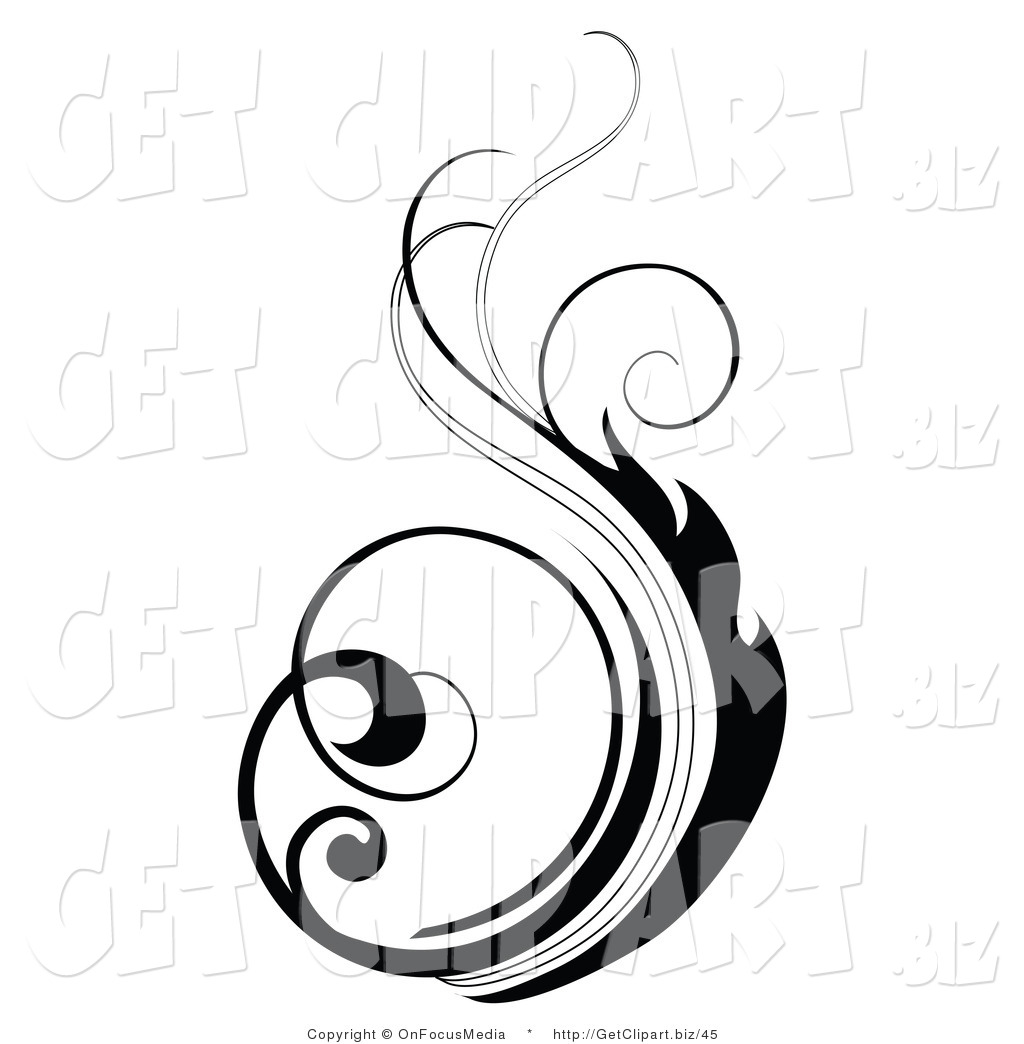 Floral Scroll Design Element Black Silhouetted Vertical Scroll