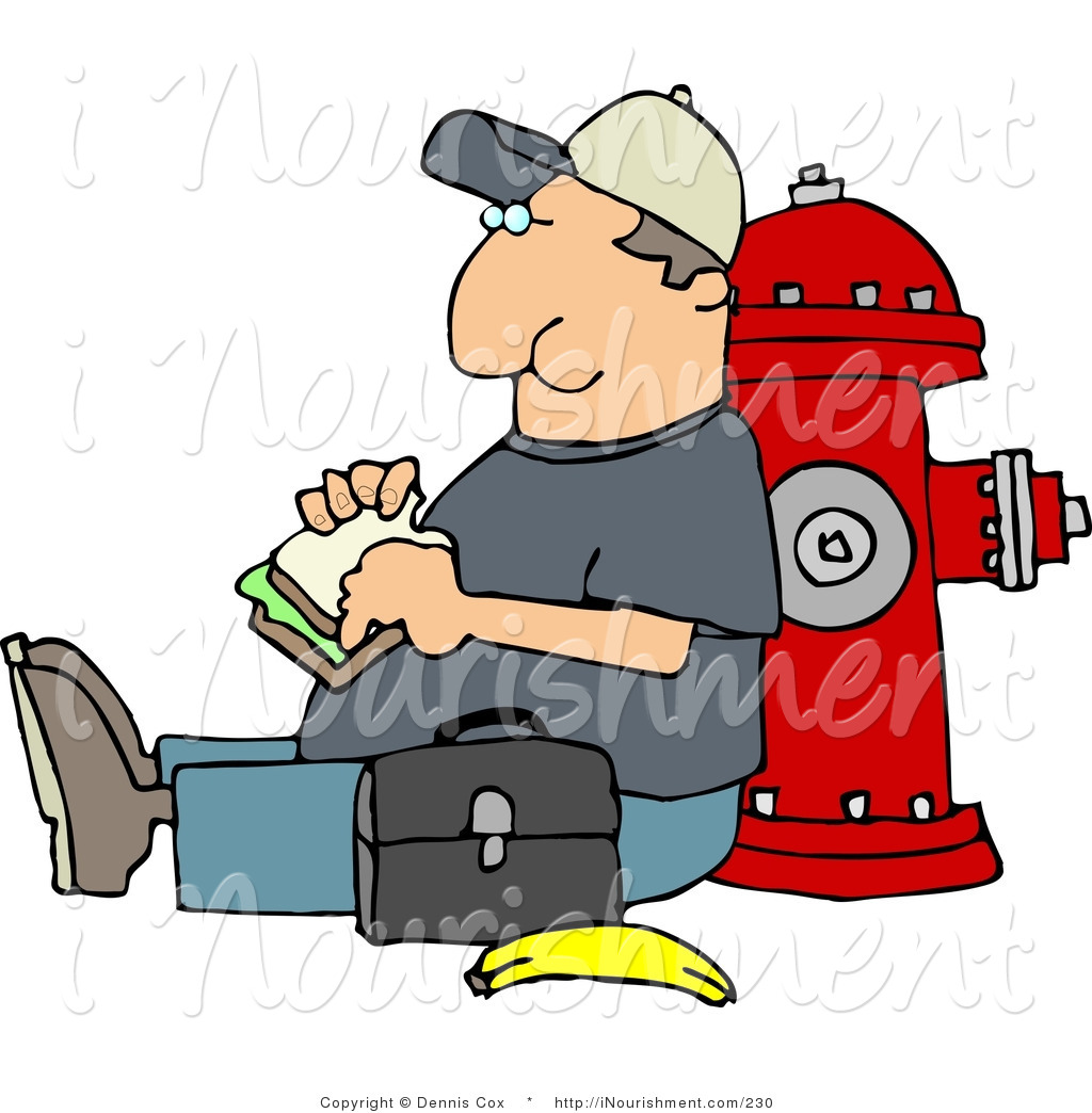 Clipart Of A Male Worker Eating His Lunch Outside Against A Red Fire    