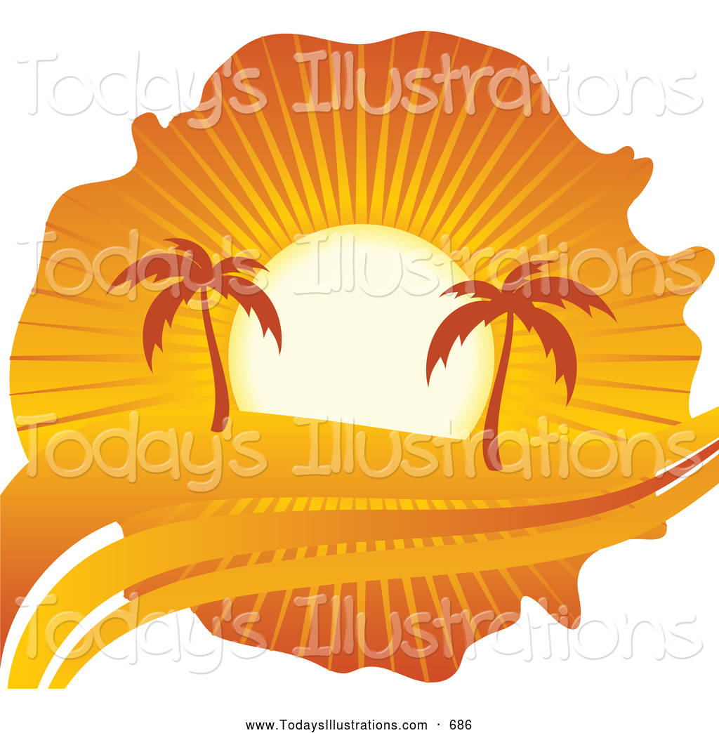 Clipart Of A Pair Of Palm Trees Silhouetted Under An Orange Sunset
