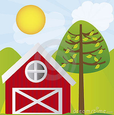 Cute Farm With Tree And Mountains Over Landscape Background  Vector