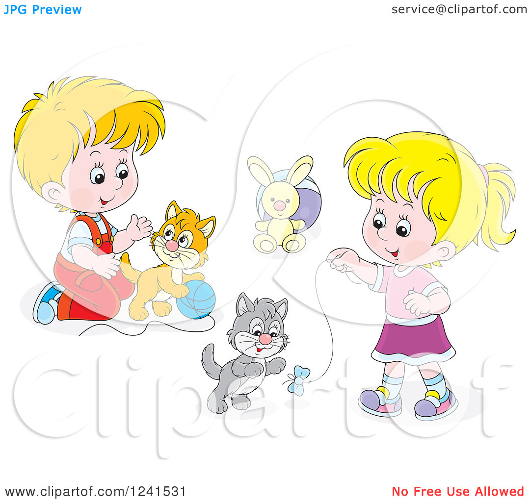 Clipart Of A Boy And Girl Playing With Kittens And Yarn   Royalty Free    