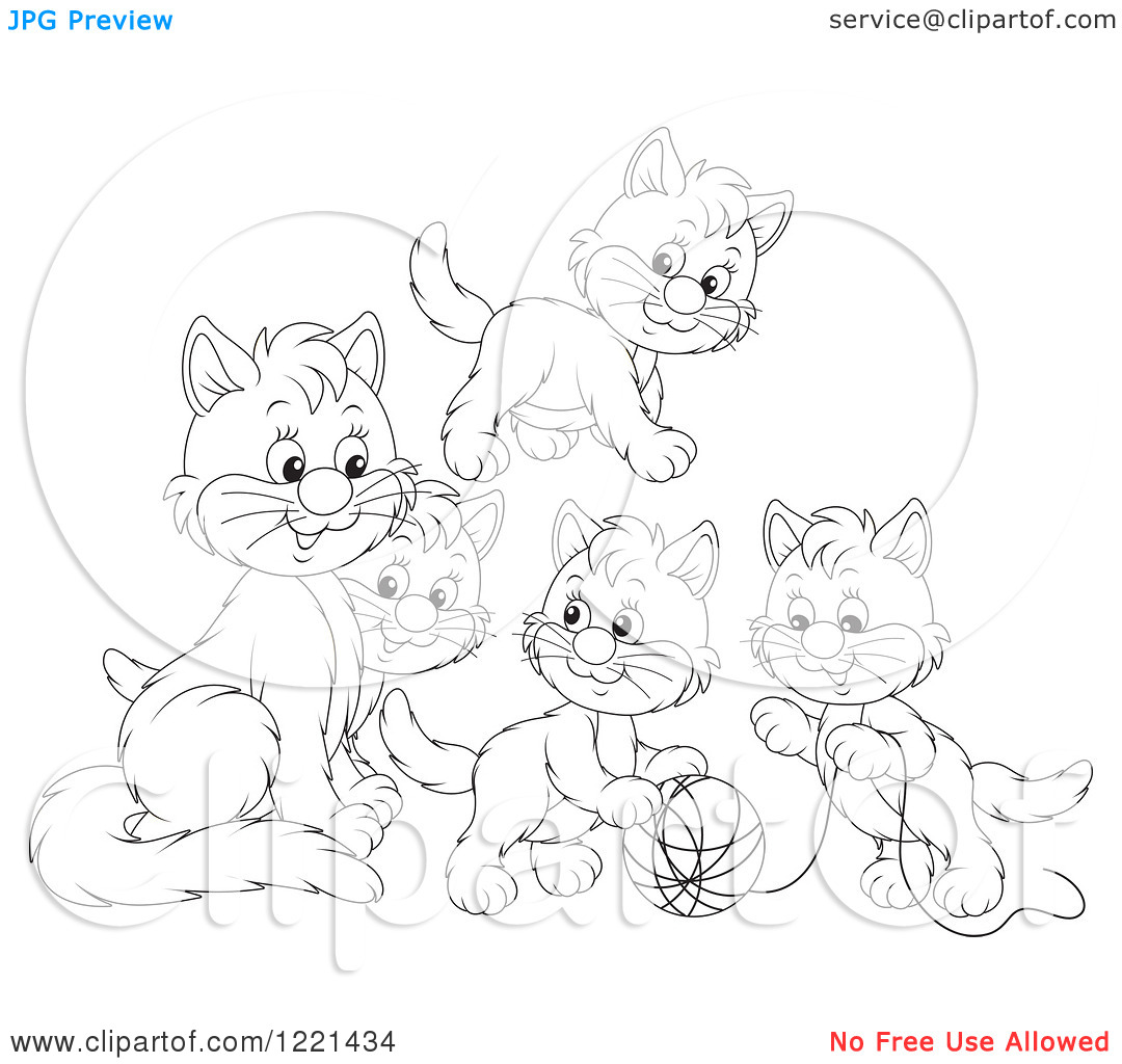 Clipart Of Outlined Kittens Playing With Yarn   Royalty Free Vector