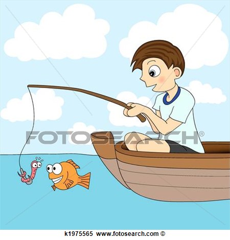 Boy Fishing In A Boat  The Worm Is About To Be Eaten By The Fish