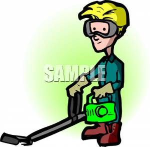 Boy Wearing Goggles Using A Weed Eater   Royalty Free Clipart Picture