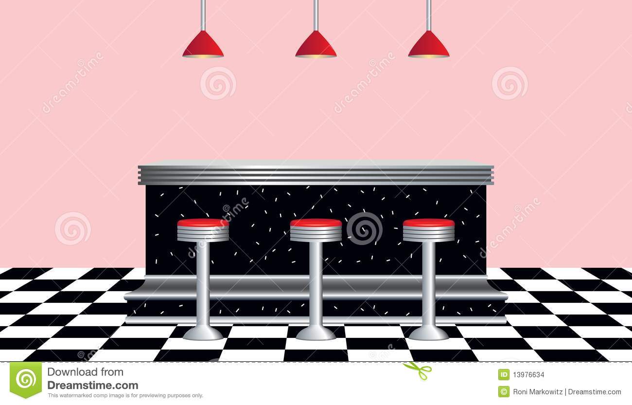 Retro Diner With Chrome And Black Counter Three Chrome Stools With